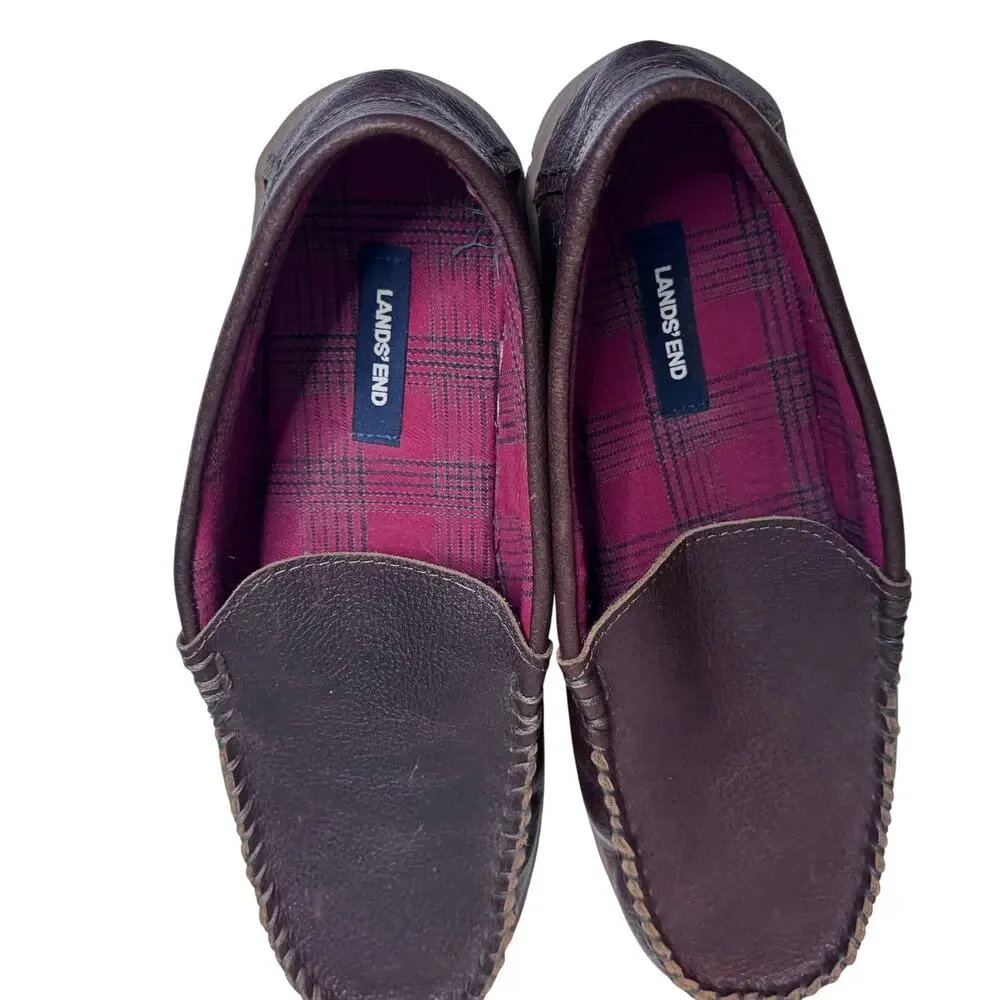 Flannel Lined Leather Moccasin House Shoes Lands End Men's Size 12D Brown Plaid